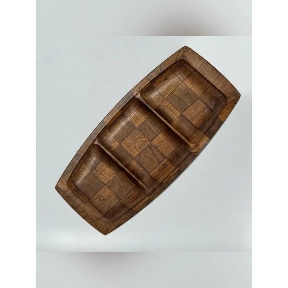 VTG 70s Serving Tray Weavewood Minnesota Wood 3 Compartments Brown Entertaining